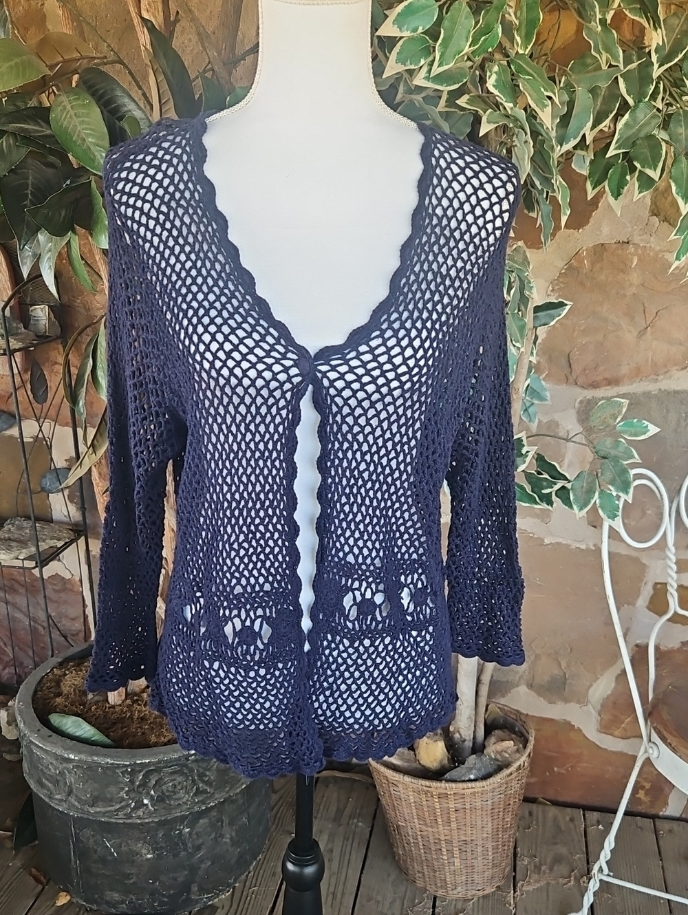 JohnPaulRichard Navy Crochet Open-Knit Cardigan